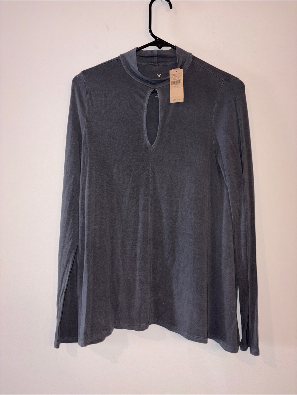 American Eagle Outfitters Charcoal Keyhole Mock Neck Long Sleeve Top